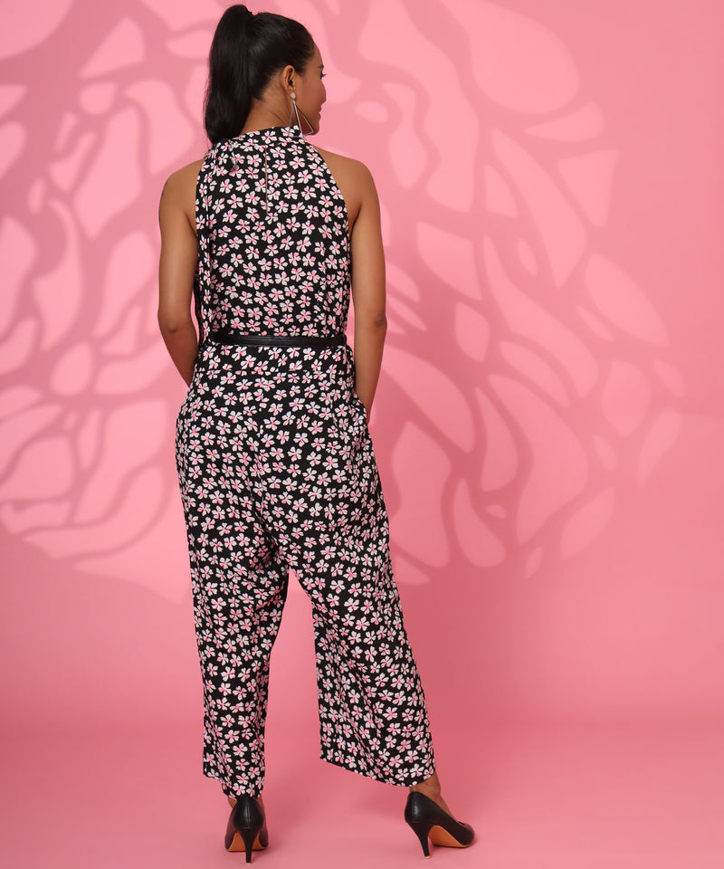 AMELIA BLACK AND WHITE JUMPSUIT WITH PINK FLOWERS