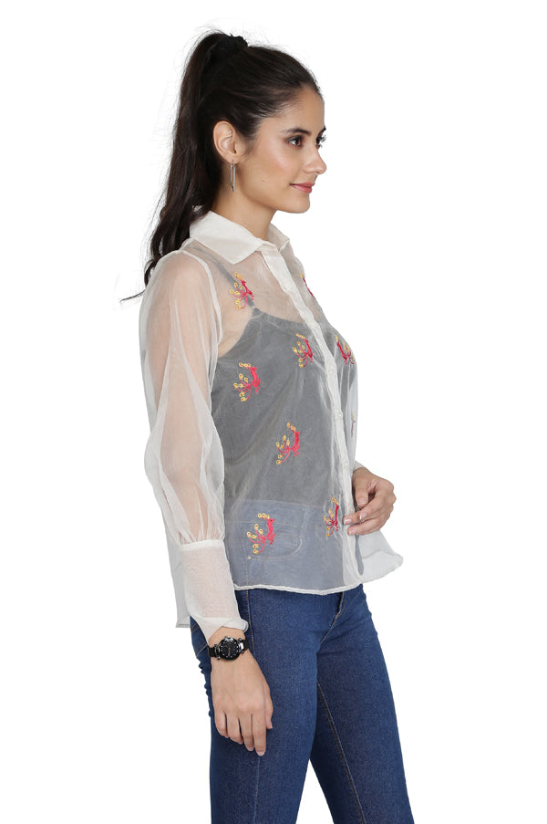 WHITE EMBROIDERED ORGANZA SHIRT