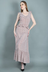 Emily Sleeveless Printed Long Dress with Ruffles and Bare Back
