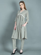 Rihana Green Long Sleeves Cotton Suit with Lace