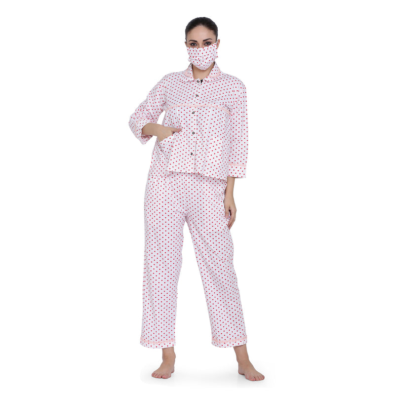 POLKA DOT PINK NIGHT SUIT WITH PAYJAMA, EYE MASK AND FACE MASK