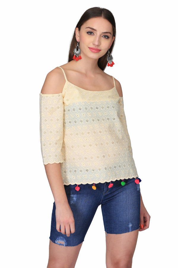 LIGHT YELLOW COLD SHOULDER TOP